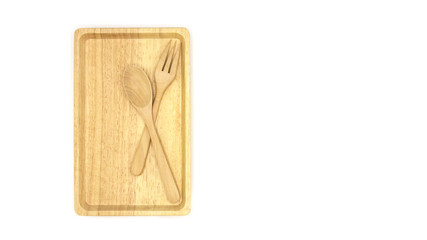 Wooden spoon and fork on wood dish isolated on white background