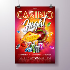 Vector Casino night flyer illustration with roulette wheel and shiny neon light lettering on red background. Luxury gambling invitation poster template design concept.