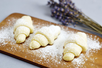 Baking Ingredients for Cooking Croissants. Dough, Eggs, White Sugar, Flour, Milk, Oil Butter. Preparation, Lavender Flowers. Kitchen Cuisine Table Grey Background, Homemade