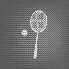 Tennis racquet with ball sign. Vector. White knitted icon on gra