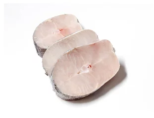 Fotobehang Pieces of fresh raw hake fish isolated on white background. © Shootdiem