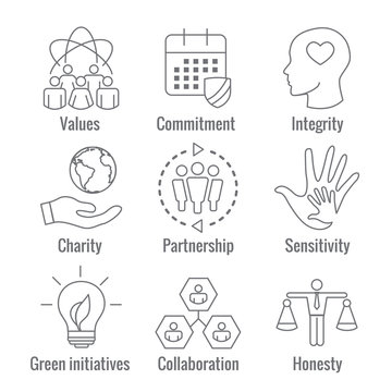 Social Responsibility Outline Icon Set with Honesty, integrity, collaboration, etc