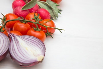 Variety of vegetables, on the white wooden table, top view, copy space, selective focus