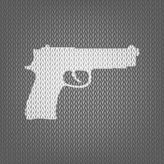 Gun sign illustration. Vector. White knitted icon on gray knitte