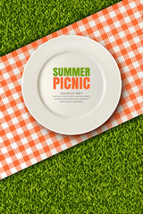 Vector realistic 3d illustration of white empty plate, gingham red plaid on green grass lawn. Spring, summer picnic in park. Banner, poster design template. Background with copy space.
