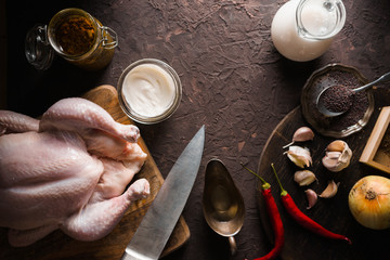 Raw chicken, curry and chili on the table