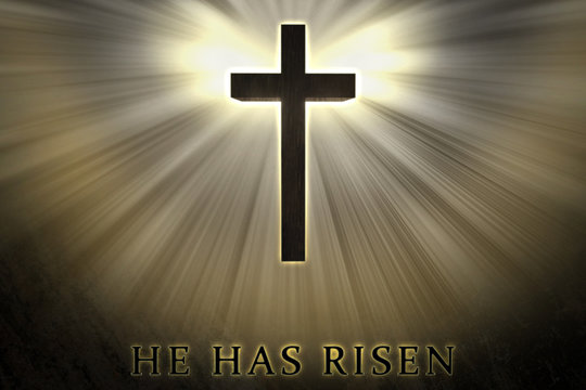 Jesus Christ cross elevated, raised up, shrouded by light and glow and He has risen text written on a stone background. Christian, religious Easter card. resurrection, belief, new life, hope concept 