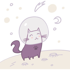 Space cat travel. Standing on planet exploring universe. Cute kids fashion t shirt design. Cartoon illustration.