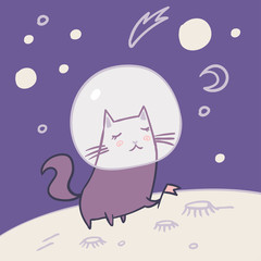 Space cat travel. Standing on planet exploring universe. Cute kids fashion t shirt design. Cartoon illustration.