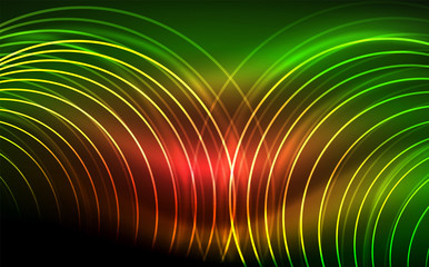 Circular glowing neon shapes, techno background. Abstract shiny transparent circles on dark technology space