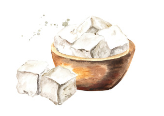 Cubes of greek feta cheese in the bowl. Watercolor hand drawn illustration, isolated on white background