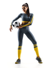 Fototapeta premium Ready to play. Soccer player woman standing in silhouette isolated on white background. Sport and healthy lifestyle