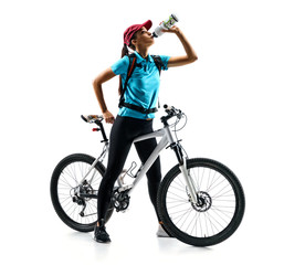 Cyclist in blue t-shirt with bicycle drinking a water in silhouette on white background. Sport and...