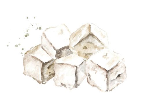Cubes of greek feta cheese. Watercolor hand drawn illustration, isolated on white background