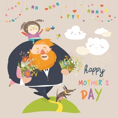 Dad and daughter acarrying flowers to mom