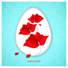 A bright red flowers with falling petals resembling drops of Christ's blood and Easter egg symbolizes a rebirth and a new life on heavenly sky-blue background with holiday congratulation. Paper-cut