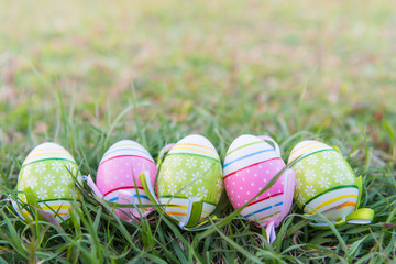 Soft Focus Easter Eggs in Meadow Against Blurred Grass Background