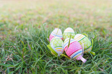 Soft Focus Easter Eggs in Meadow Against Blurred Grass Background