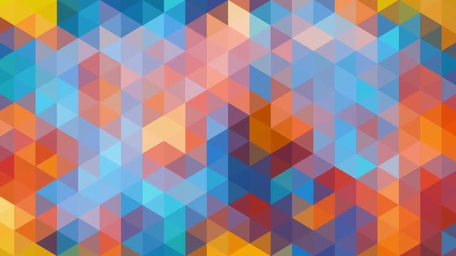 Abstract background loop of triangles in a geometric pixelated mosaic tile pattern. The triangles fit into diamond and hexagon shapes. Orange, blue and yellow color scheme. In 4K and HD.