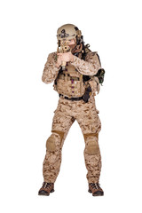 Special forces soldier with rifle on white background. army, military and people concept