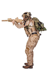 Special forces soldier with rifle on white background. army, military and people concept