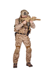 Special forces soldier with rifle on white background. army, military and people concept