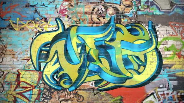 Graffiti on a wall comes to life in 3D, symbolic of youth culture, street art, the creative process, artistic self-expression, hip hop and rap etc. 