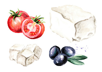 Greek feta cheese block anb cubes, olives and tomatoes. Watercolor hand drawn illustration, isolated on white background