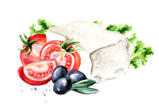 Greek feta cheese block with olives, tomatoes and lettuce. Watercolor hand drawn illustration, isolated on white background
