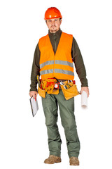 male builder or manual worker in helmet with clipboard over white wall background.