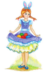 Little girl in Easter bunny costume with colorful eggs. Postcard for friends or family. Happy Easter. Watercolor drawing on white background. Isolated illustration for sticker or print. Handmade.