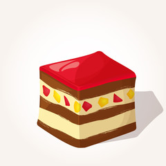 Colorful tasty piece of cake with jelly in cartoon style isolated on white background. Vector illustration. Desserts Collection.
