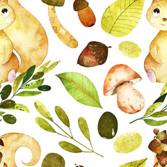 Watercolor forest seamless pattern. Pattern with cute squirrel, branches, mushrooms, leaves and olives.  Perfect for you postcard design, invitations, projects, wedding card, poster, packaging.