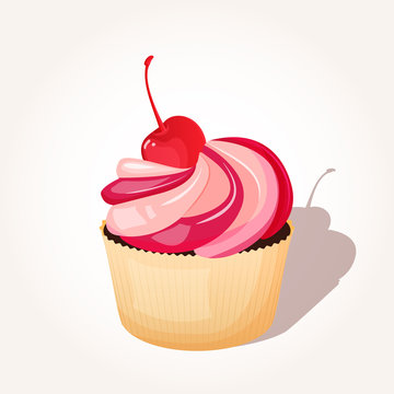 Colorful tasty chocolate cupcake with pink double cream and maraschino cherry in cartoon style isolated on white background. Vector illustration. Desserts Collection.