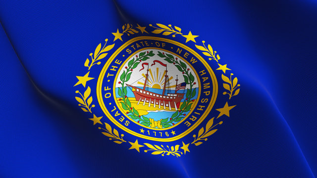 New Hampshire US State flag waving loop. United States of America New Hampshire flag blowing on wind.