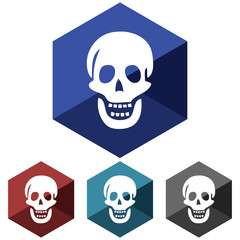Flat, hexagon skull (white silhouette) icon. Four color variations. Isolated on white