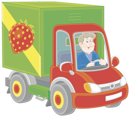 Smiling man driving his truck with vegetables and fruit, a vector illustration in cartoon style