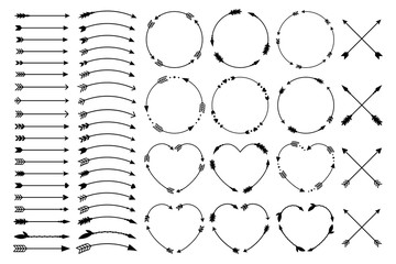 Hipster arrows. Arrows in boho style. Criss cross tribal arrows. Circle and heart monograms. Set of Indian style arrows. Rustic decorative arrows. Vector