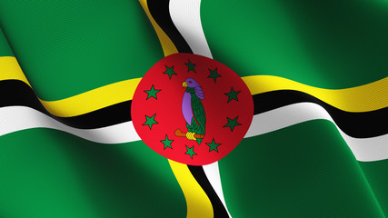 Dominica flag waving loop. Dominica flag blowing on wind.