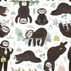 Wall murals Sloths Cute sleeping sloths seamless pattern. Adorable animal background. Vector illustration