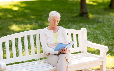 Fototapeta premium old age, retirement and people concept - senior woman reading book sitting on bench at summer park