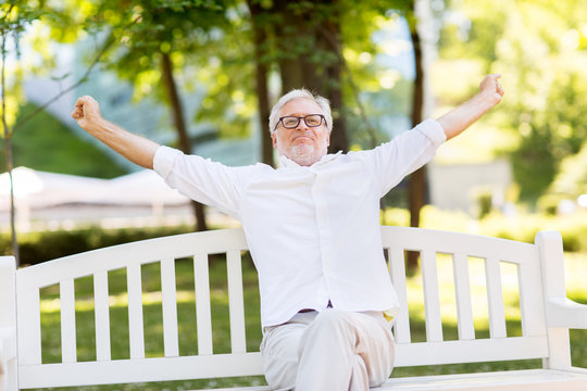 old age and people concept - happy senior man in glasses sitting at summer park