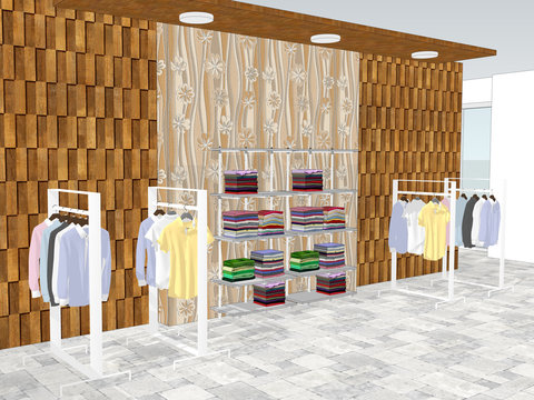 View of shopping center with clothing. Decorative tiling patterns on wall background. 3d illustration