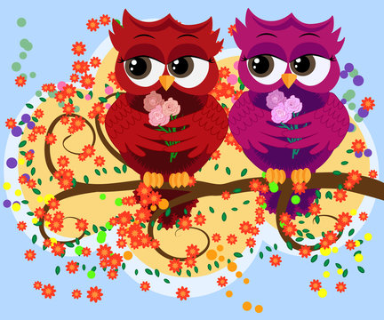 A family of colorful, bright, lovely cartoon owls on the branches of flowering trees. Moms, dads, children. Card