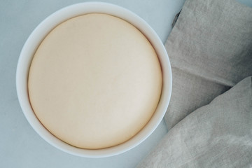 Fresh yeast dough in a bowl for pizza or bread. cooking courses. selective focus.
