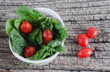 Vegetable salad on rustic wooden background.