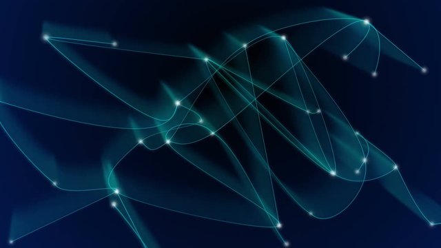 Blue growing network of connected lines and dots, with light trails. Loop-able between 9:00-18:00. Abstract communications, technology, internet, social media concepts etc. In 4K and HD.