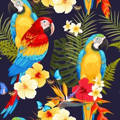 Seamless macaw and flowers