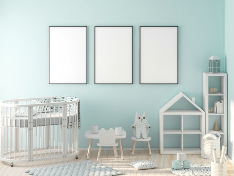 Three poster frame mockup in child room with oval crib 3d rendering