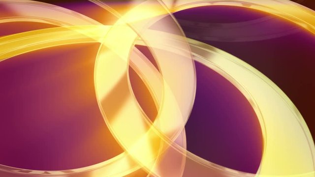 Loop animation of gold shining 3D glass rings. Modern background of smooth curves with light rays, highlights and reflections. Could represent a Golden Wedding (50th Anniversary). In 4K and HD.